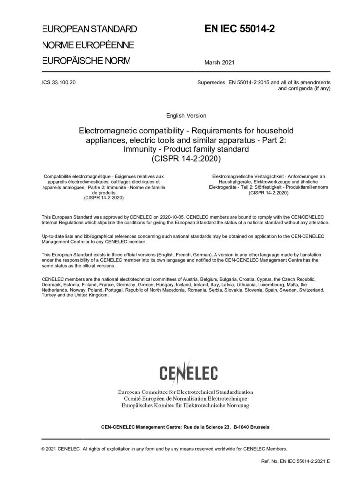 EN IEC 55014-2:2021家用電器、電動工具和類似器具的電磁兼容要求第2 部分:抗擾度